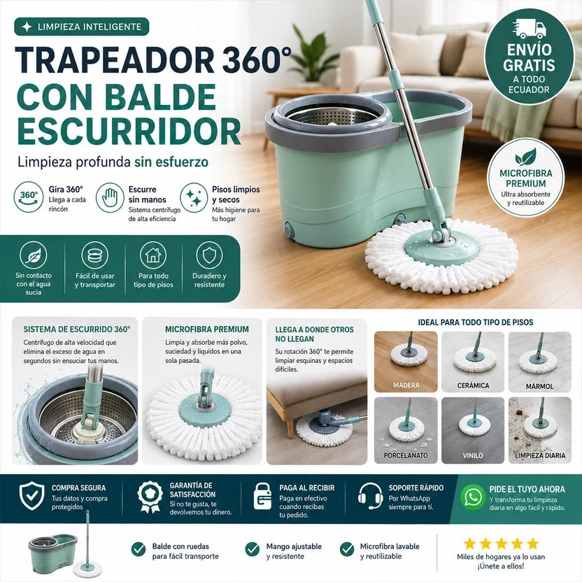 Trapeador Giratorio 360° Reforzado Con Dos Mopas